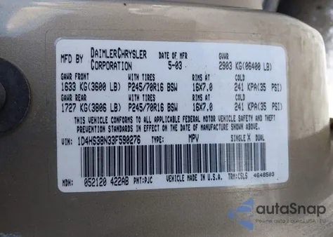 2003 Dodge Durango Sport/Sxt from USA, damaged, VIN 1D4HS38N33F590276